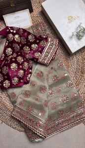 Designer indien exclusif Bollywood Style Organza soie Saree ethnique fantaisie Blouse vêtements exclusifs fête mariage porter pour les femmes - Product Image 3