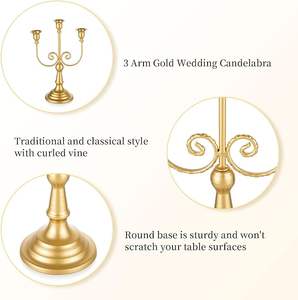 Bougeoirs en or, style vintage européen, en métal, candélabres à 3 ou 5 bras, bougeoir classique en bronze, centre de table, décoration d'intérieur - Product Image 3