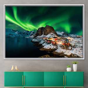 Decoración impresa en lienzo: arte paisajístico de las auroras boreales - Lofoten, 1P: con marco blanco - Product Image 1
