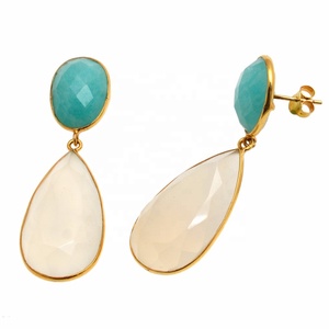 Boucles d'oreilles classiques en argent Sterling 925 plaqué or Amazonite naturelle calcédoine blanche goutte de pierres précieuses fête de mariage parfaite - Product Image 2