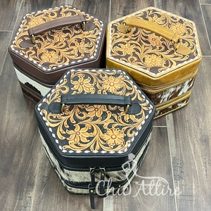 Luxury Hand Tooled Cowhide Leather Zipper Jewelry Storage Organizer Case Bracelet Watch Necklaces Hexagonal Jewelry Travel <b>Box</b> - Product Image 1