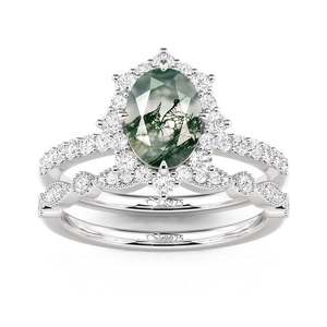 Ensemble de bagues de mariage Jeulia en argent sterling avec agate mousse taille ovale et halo - Product Image 4