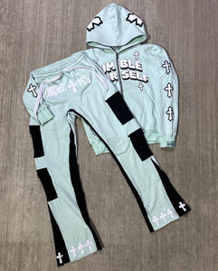 Ensemble de pantalons de survêtement à capuche 100% coton respirant avec fermeture éclair jambe large évasée piste d'hiver poids lourd - Product Image 4