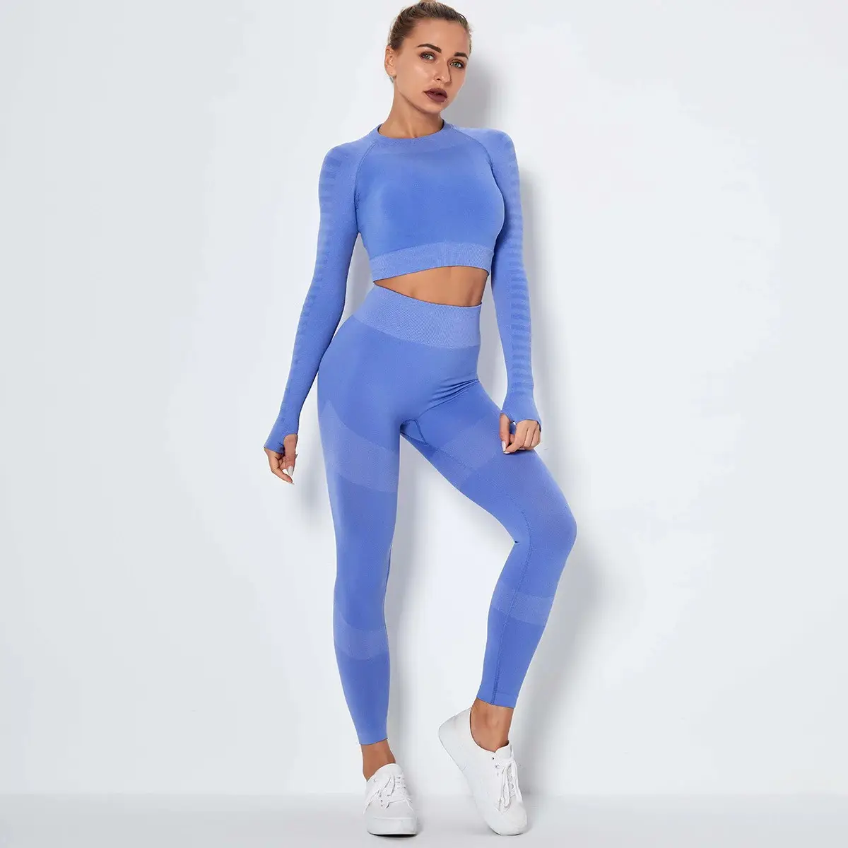 Chándal de Yoga ajustado de Color sólido de manga completa al por mayor OEM Legging medias y Conjunto de sujetador niñas levantamiento gimnasio estiramiento Jogging trajes