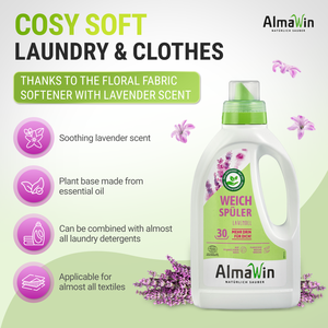 Adoucissant textile écologique AlmaWin, parfum lavande, 750 ml, 30 lavages, huiles essentielles, parfum pour le linge, détergent liquide pour le linge - Product Image 2