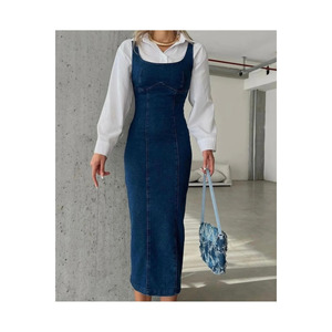 Abito in Denim con spacco e cerniera posteriore completo modello abiti Casual vestito di Jeans per Lycra - Product Image 1