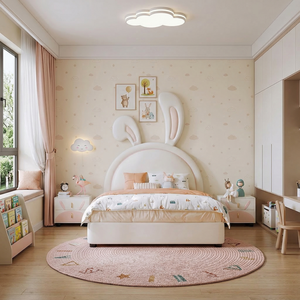 Lit pour enfant en bois massif, taille complète, en cuir écologique, sans odeur, de couleur crème, moderne, fabriqué en usine OEM - Product Image 2