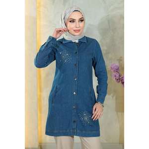 Blusa Casual de Satén y Mezclilla con Cuello Redondo y Manga Casquillo, Logotipo Personalizado, Talla XL, Transpirable, Larga, con Detalle de Piedras y Lazo Frontal con Botones, para Verano - Product Image 2