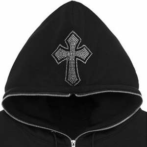 Sudadera con capucha para hombre con estampado de logotipo personalizado y cremallera con diamantes de imitación en relieve, cremallera completa de gran tamaño hecha de forro polar francés - Product Image 6