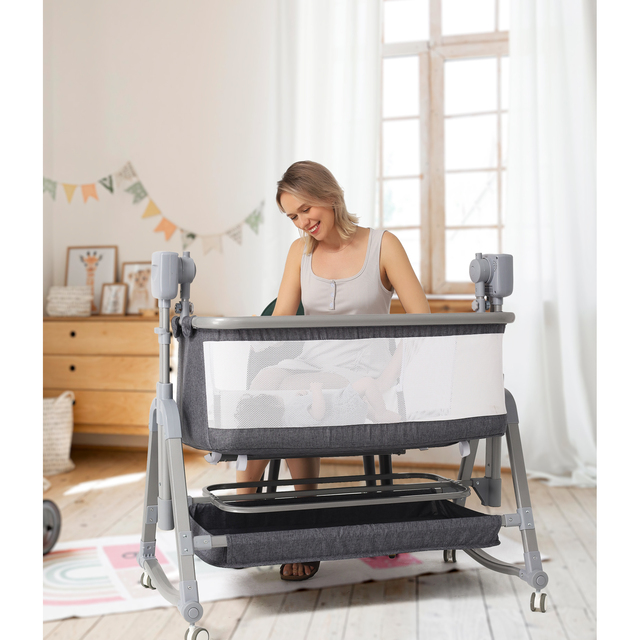 FCJ Baby Rocking Bassinet Electric Shaker Bedside Crib with Storage Gray Fabric 110V US Plug AL1141 App-Controlled No