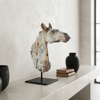 Sculpture artisanale moderne en bois de tête de cheval, statue équestre sculptée en teck avec base métallique, décoration d'appoint de table