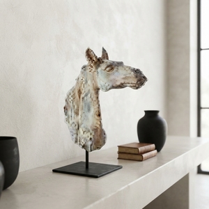 Handcrafted <b>wooden</b> horse head suge stand sculpture <b>rustic</b> teak carved equestrian statue metal base table accent decoration setup - Product Image 2