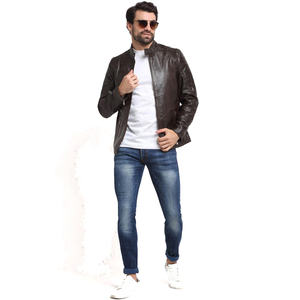 Veste en cuir véritable à col montant pour homme, mode décontractée d'hiver avec couleur unique, veste d'hiver pour homme - Product Image 4