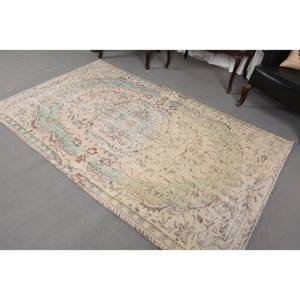 Alfombra turca clásica vintage Beige verde 4,7x7,7 pies lana hecha a mano con respaldo de látex patrón de retazos para cabecera - Product Image 4