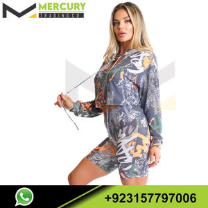 กางเกงขาสั้นมีฮู้ดครอบตัดของผู้หญิงชุดพิมพ์ระเหิดพร้อมเทคนิคการซักด้วยกรดเย็บปักถักร้อยมือ 3D ย้อมธรรมดา - Product Image 5