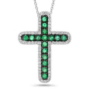 Collier avec pendentif croix en or blanc 14 carats avec diamant de 0,21 ct et émeraude de 0,33 ct - Product Image 1