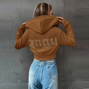 Women <b>Zip</b> <b>Up</b> Fleece Rhinestone Hoodie <b>Crop</b> Soft Warm Breathable Streetwear Fashion Vintage Embroidery Patch Cozy Hoodie - Product Image 1