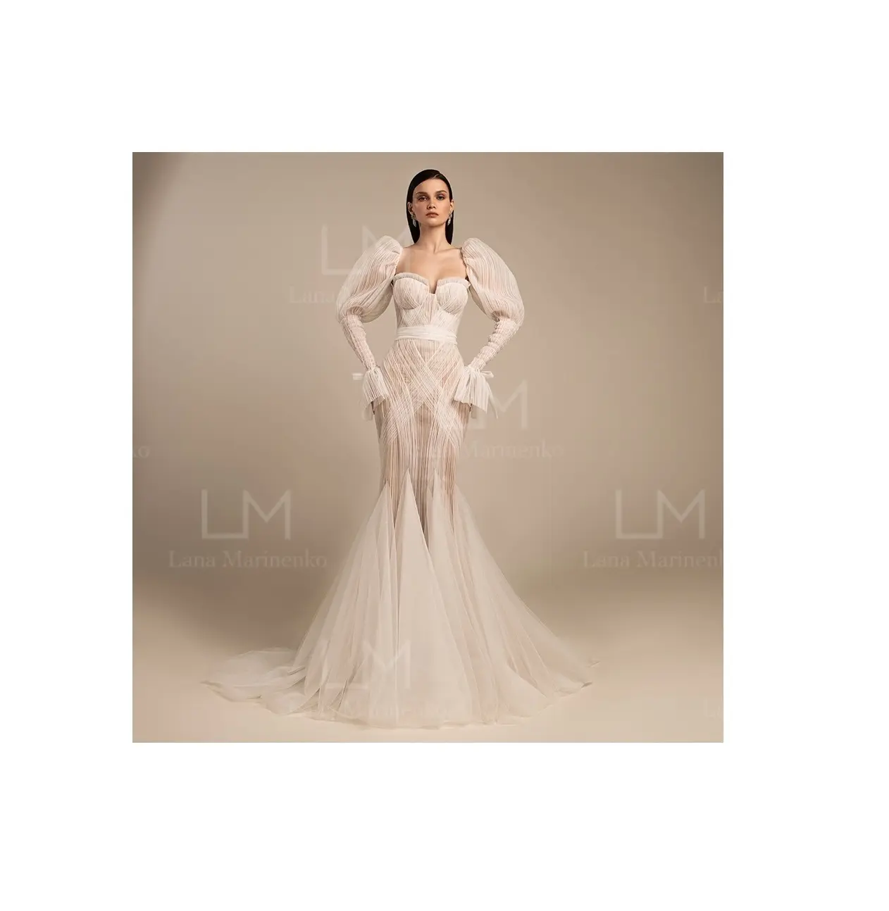 Custom design Mermaid semi-open back lace-up bows "Kaily" woman's wedding dress with puff detachable sleeves for women