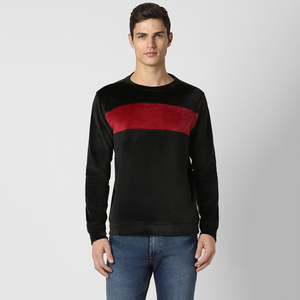 <b>Men's</b> Black Velvet Crew Neck <b>Sweatshirt</b> With <b>Red</b> Color Block Regular Fit Pullover Casual Autumn Wear - Product Image 1