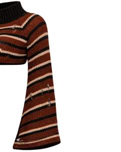Manufacturer Custom <b>Brown</b> Black Striped Cropped Knit Sweater Women Turtleneck Flare Sleeve Distressed Winter Fashion Casual Top - Product Image 2