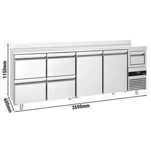 Comptoir de bar réfrigéré commercial PREMIUM - 2690x600mm - 775L - avec 2 portes et 4 tiroirs, avec étagère supérieure et bac à café - Product Image 2