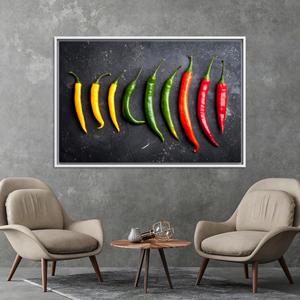 Arte moderno en lienzo para cocina: obra de arte impresa con vibrantes motivos de pimientos, lienzo con marco blanco - Product Image 1