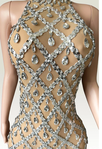 Elegante elegante antiestático señoras sin mangas vestido de noche de longitud completa perlas rebordear decoración para eventos de cóctel - Product Image 6