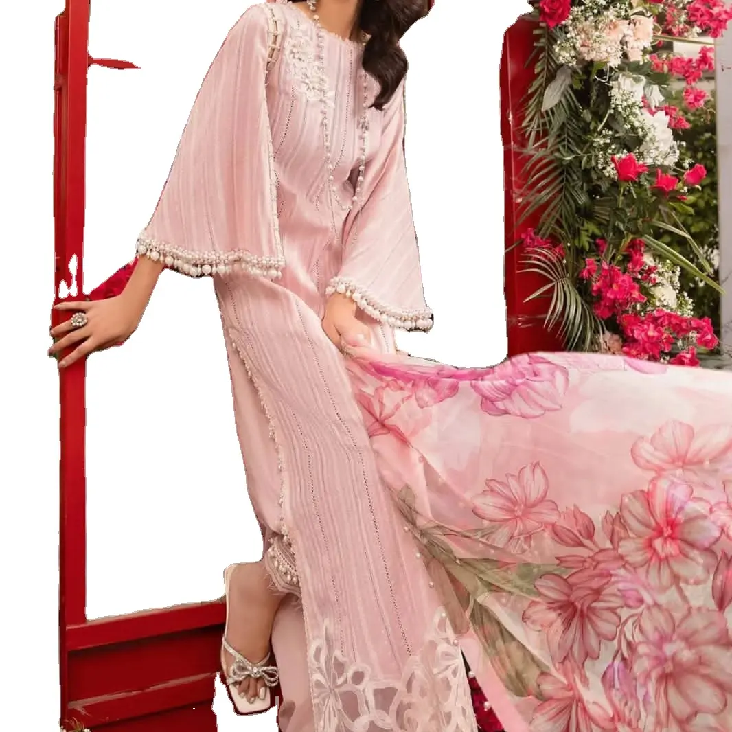 Tenue traditionnelle pakistanaise 2024 Coton fantaisie Collection Shalwar Kameez style pakistanais tendance en couleur rose.