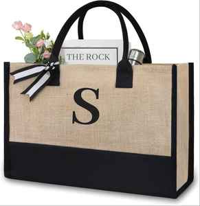MyOrganicBag Handmade Initial Monogrammed Jute Tote Bag Zip Closure Three Straps Canvas Inner Sling Pocket Frame Letter - Product Image 1