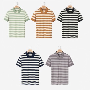 เสื้อโปโลลายทางสำหรับผู้ชายผ้าฝ้าย94% 6% สแปนเด็กซ์แขนสั้นผ้าถักกันยับสำหรับฤดูร้อน - Product Image 5