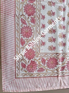 Handmade <b>Pink</b> Floral Print Rectangle <b>Tablecloth</b> Pure Cotton New Block Printed for Indian Farmhouse Wedding or Home Use - Product Image 6