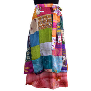 Wrap <b>Skirt</b> Indian Vintage Silk Sari <b>Patchwork</b> Double Layered and Reversible Magic Around <b>Skirts</b> Dress Beach Wear Wraparound - Product Image 4