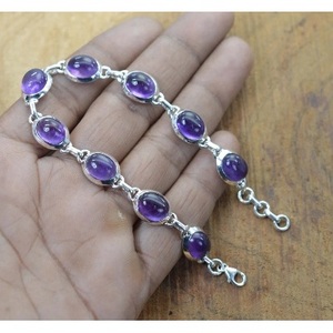 925 Sterling Silver Classic Oval <b>Amethyst</b> Gemstone Chain Link <b>Bracelet</b> for Women's Weddings - Product Image 2