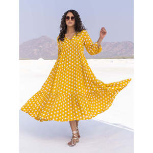 Robe longue vintage jaune à pois en modal - Style décontracté d'été à taille empire - Product Image 1