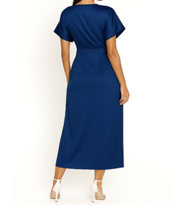 Elegante Vestido Largo de Satén Azul con Cuello en V y Manga Corta, Diseño Drapeado con Lazo, Cómodo para Usar en Todas las Temporadas - Product Image 4
