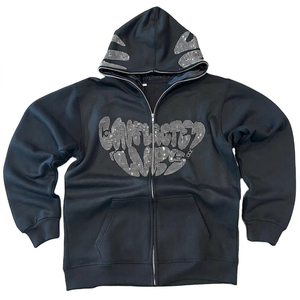 Sudadera con capucha personalizada para hombre, de poliéster y algodón, con cremallera completa, logotipo de diamantes de imitación, estilo deportivo, extragrande, con forro de seda en el interior del capucha - Product Image 1