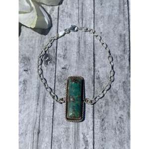 Kingman Turquoise & Sterling Silver Bar Link <b>Bracelet</b> Navajo Made Cultural Collectible Jewelry for Men - Product Image 1