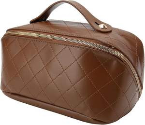 Bolsa de Maquillaje de Viaje de Gran Capacidad, Bolsa de Cosméticos de Cuero, Organizadores de Artículos Esenciales de Viaje con Compartimentos, Color Marrón - Product Image 4