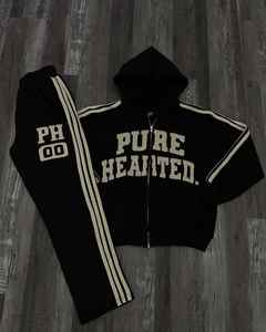 Ensemble sweat-shirt et pantalon de survêtement à imprimé délavé personnalisé, en coton, streetwear, avec bande latérale, pour l'hiver, survêtement ample - Product Image 3