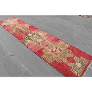 Turkish Vintage <b>Runner</b> Rug 2.6x11.7 ft, <b>Red</b> Green Solid Rug - Product Image 4