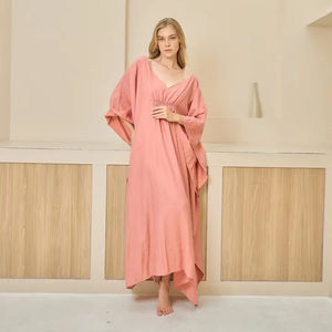 Precio al por mayor 100% tela de algodón cuello en V verano liso Kaftan vestido 3/4 mangas cómodo bohemio elástico largo Kaftan - Product Image 1