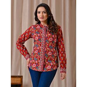 Blusa de Algodón Rojo Oscuro con Estampado y Botones Frontales con Decoración Bordada - Product Image 1