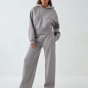Conjunto de sudadera con capucha y cremallera para mujer y pantalones deportivos de pierna ancha, conjunto de dos piezas, ropa deportiva a juego - Product Image 2