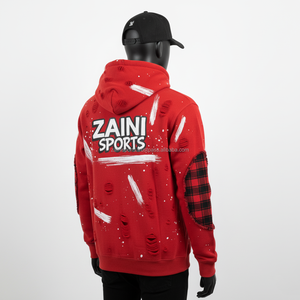 Haute qualité 320 GSM polaire fermeture éclair à capuche rouge Street Style peinture Splash avec panneau de brassage à carreaux et Logo imprimé Zip basics sweat à capuche - Product Image 3
