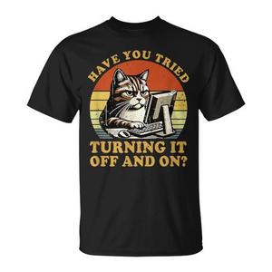 Hai provato a spegnere e accendere IT? Maglietta con divertente disegno di gatto del supporto tecnico - Product Image 1