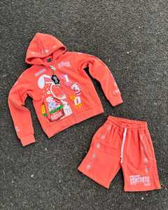 Survêtement Hip Hop de haute qualité avec logo personnalisé Lavage à l'acide DTG Pull à capuche en coton délavé Ensemble de shorts respirant Vintage - Product Image 4