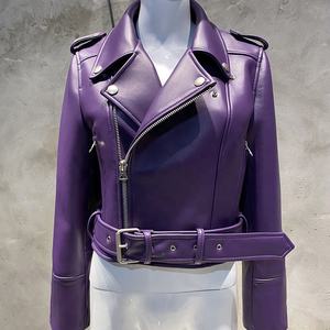 Chaquetas de cuero de piel de oveja auténtica púrpura para mujer de otoño 2025, chaqueta de cuero para motocicleta, chaqueta de cuero para mujer - Product Image 2