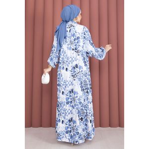 Indigo Teardrop Pattern Half-Button <b>Dress</b> for Women Casual Elegent Kaftan Mandarin Collar Breathable Empire One Fits All - Product Image 4