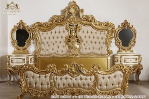 Juego de Muebles de Dormitorio Europeo Moderno de Estilo Barroco Real Italiano con Tallado de Lujo en Madera de Teca Pulida en Oro - Product Image 5