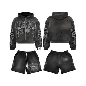 Custom Luxury Pullover Sun Faded Cotton Heavy Weight Crop Oversized Acid Wash Distressed Rhinestone Hood <b>Zip</b> up Men <b>Hoodies</b> Set - Product Image 6